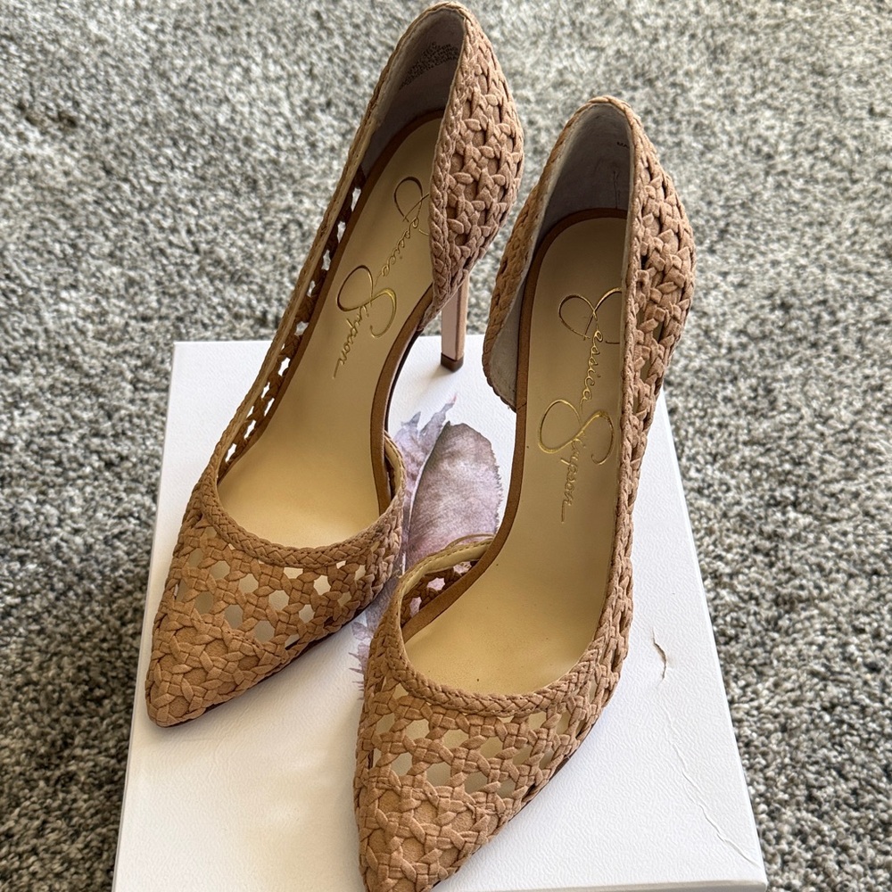 Jessica Simpson Woven Tan Pointed-Toe Stiletto Pumps